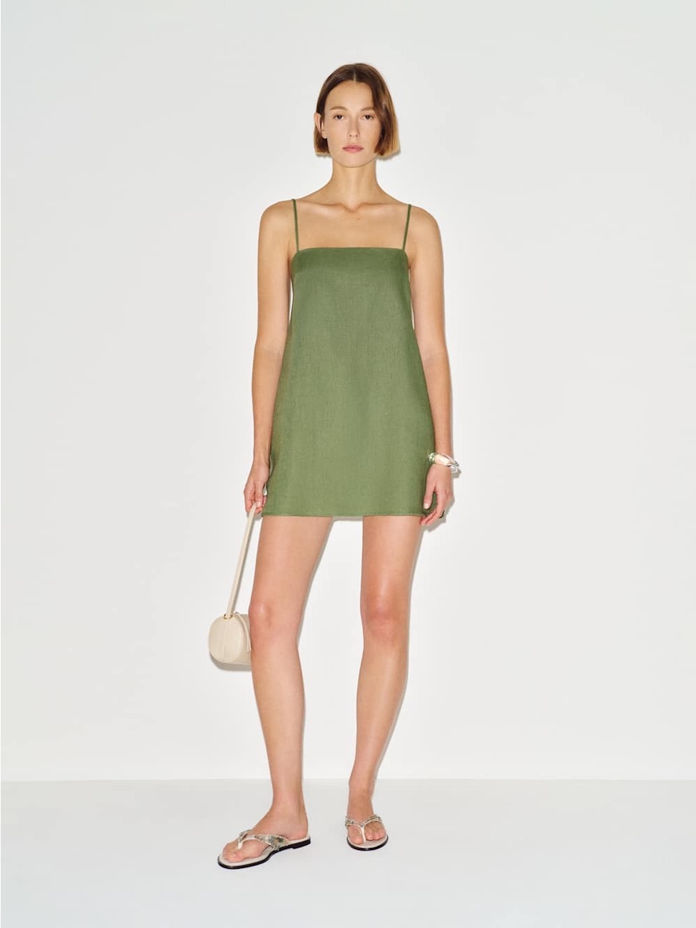 Reformation Aubree Jade Green Linen Spaghetti-Strap Mini Dress